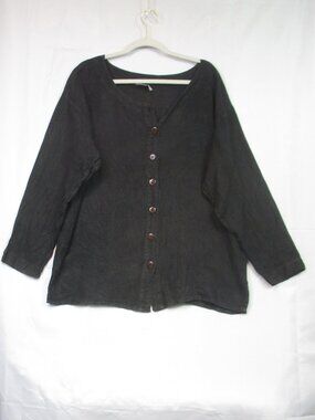 Kiko Womens Button Up Tunic Top One Size Side Slits Round Neck Black Linen